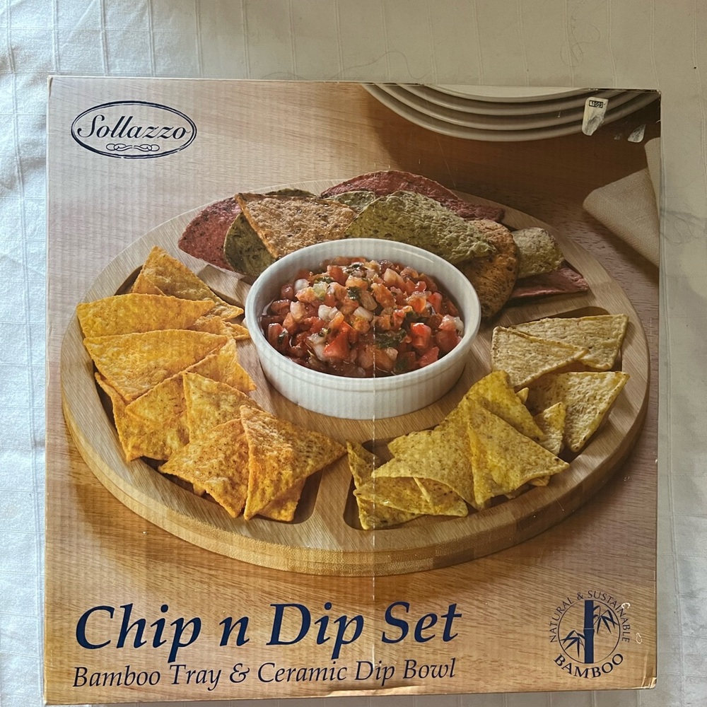 Chip n Dip Set - Natural Bamboo Tray with White Ceramic Dip Bowl